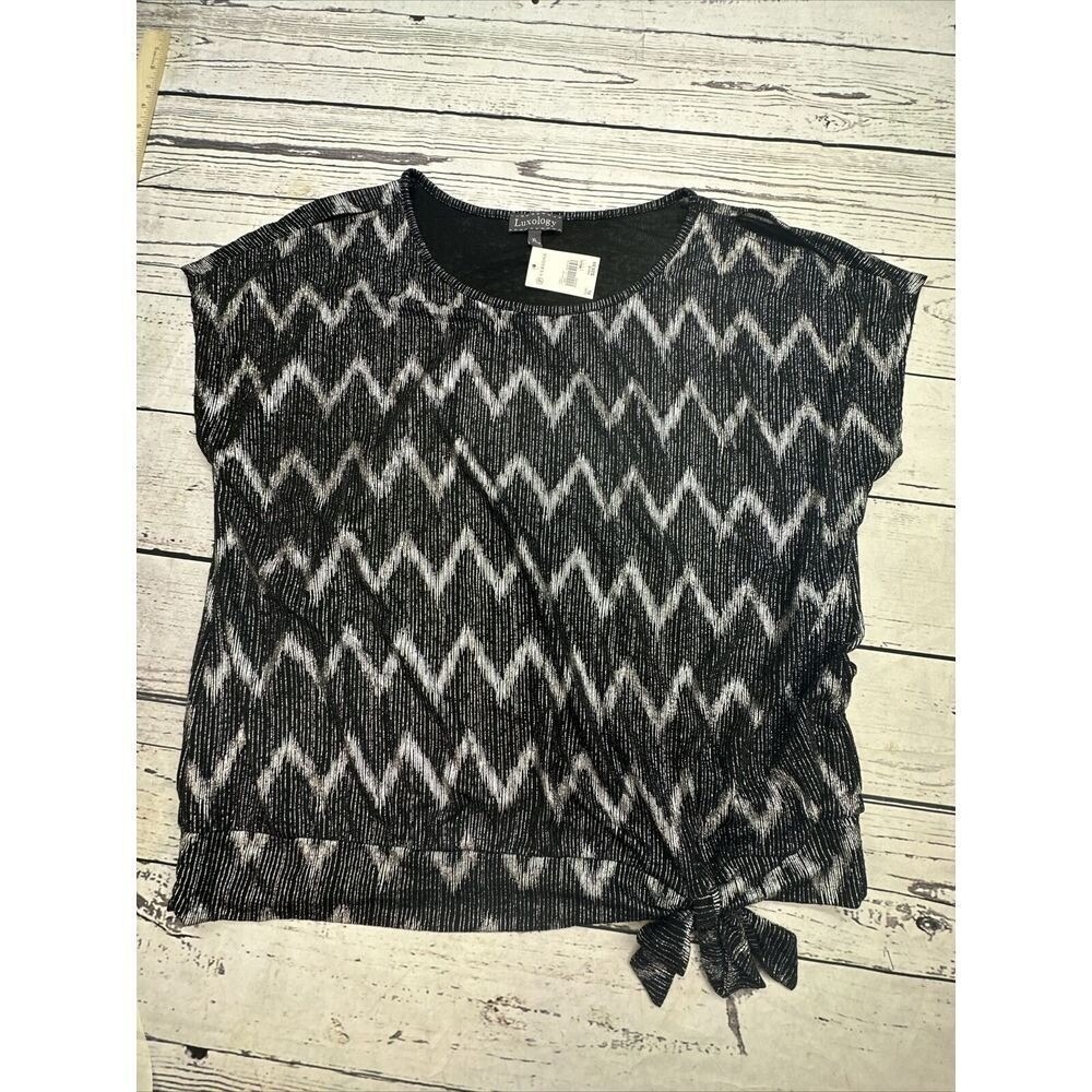 Luxology Womens Black Silver Zig Zag Metallic Knit Tie Front Top XL